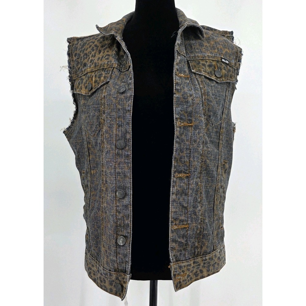 Kill City Mens Vest Small Leopard Print Denim Sleeveless Trucker Jacket